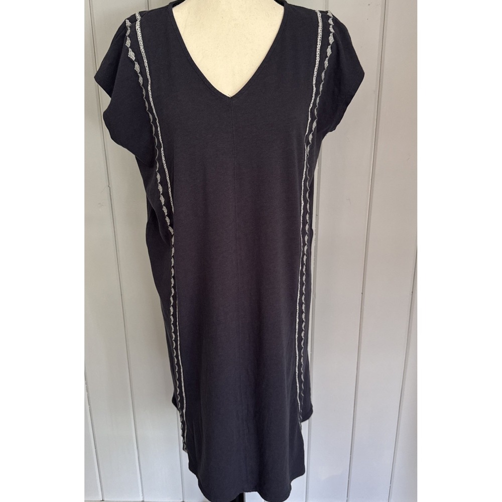 Pure Jill J Jill Embroidered Cap Sleeve Dress M Gray Blue V-Neck Cotton Modal